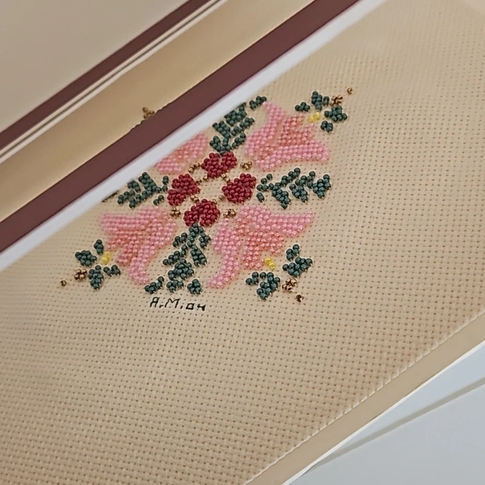 Hand Crafted Glass Beaded Art Floral Needlepoint Beadwork Pink Flower Framed